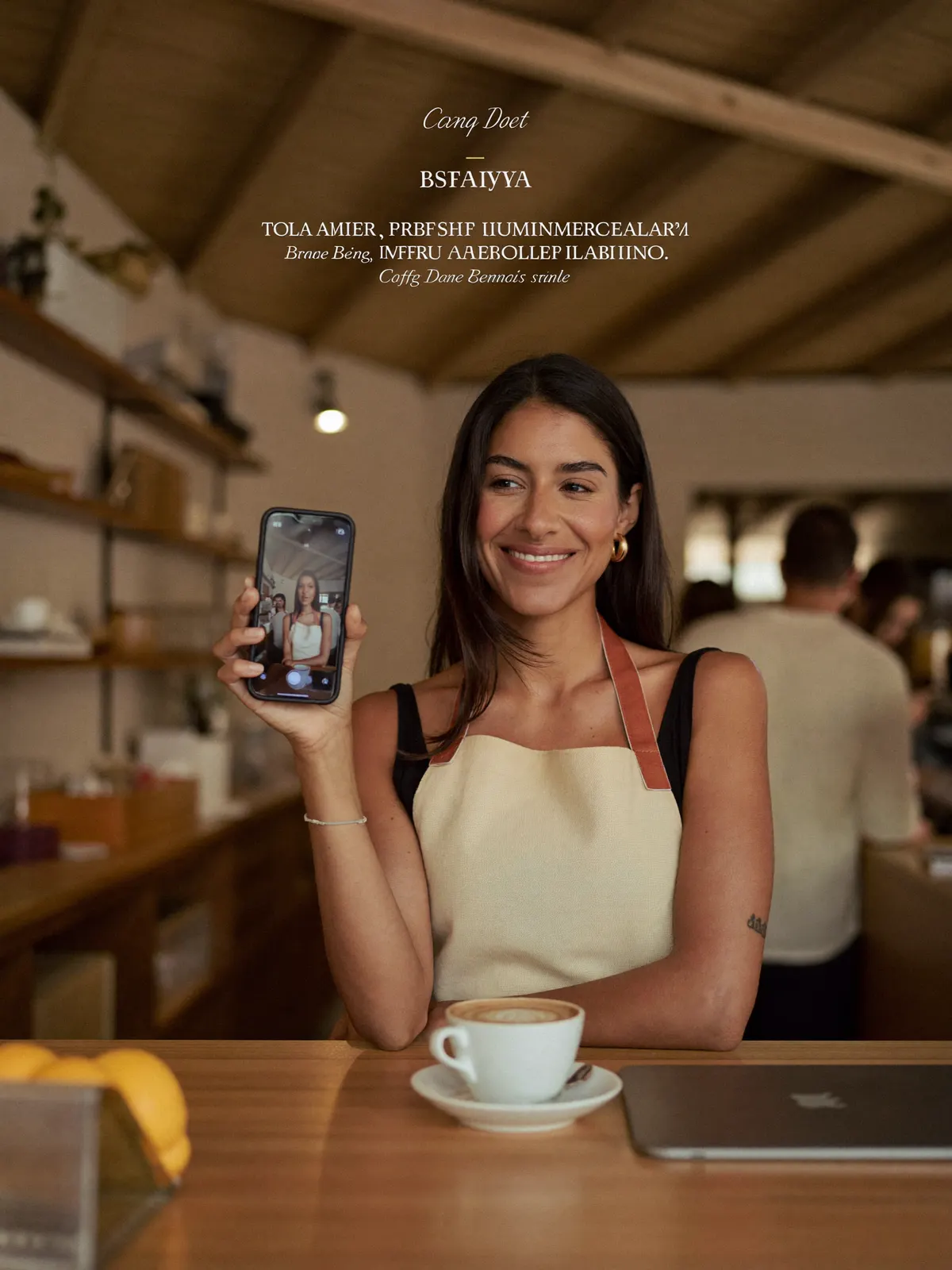 Dona de cafeteria no balcão mostrando um post agendado no celular